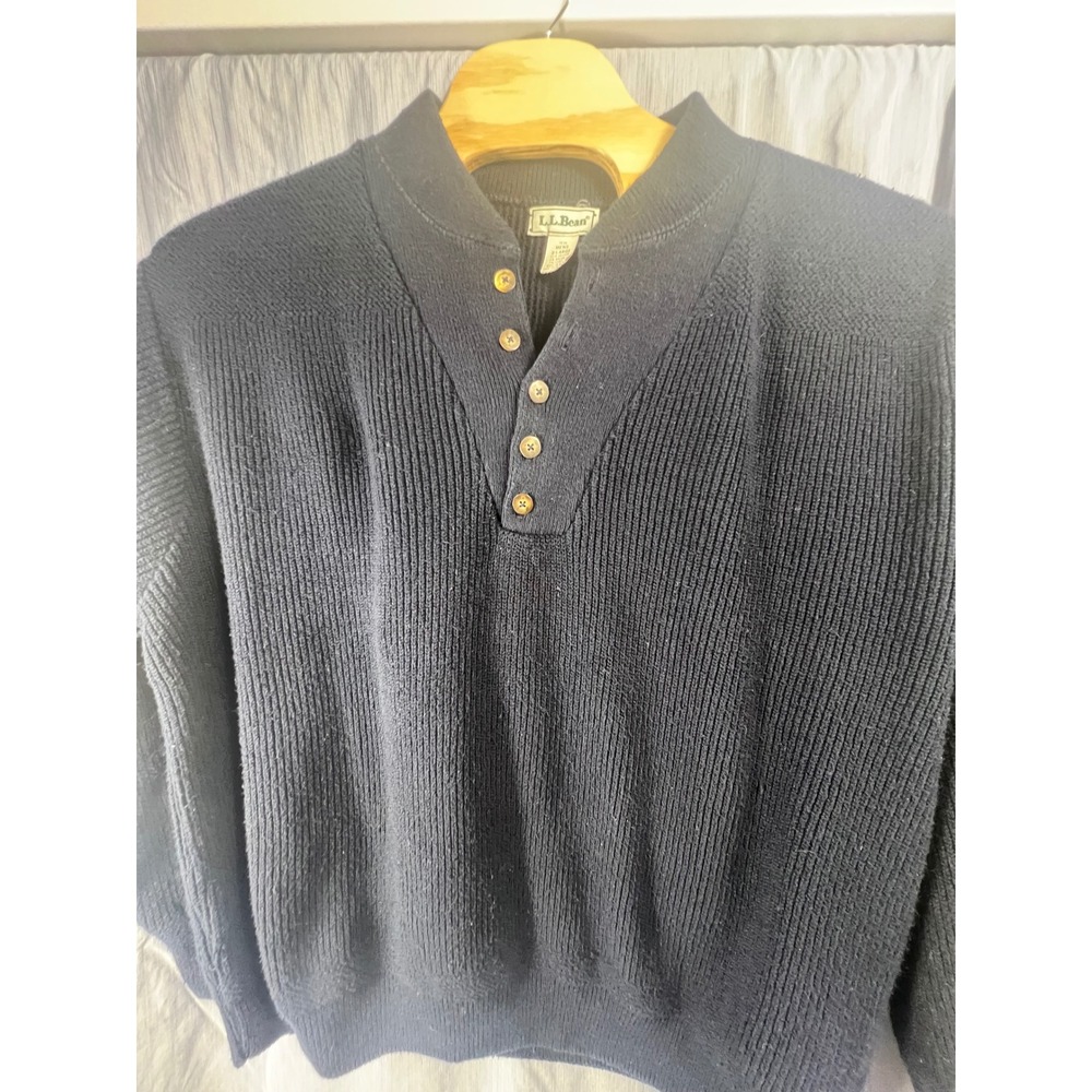 LL Bean Mens XL Henley Sweater Navy Blue Ribbed Knit Cotton Blend Made in USA
